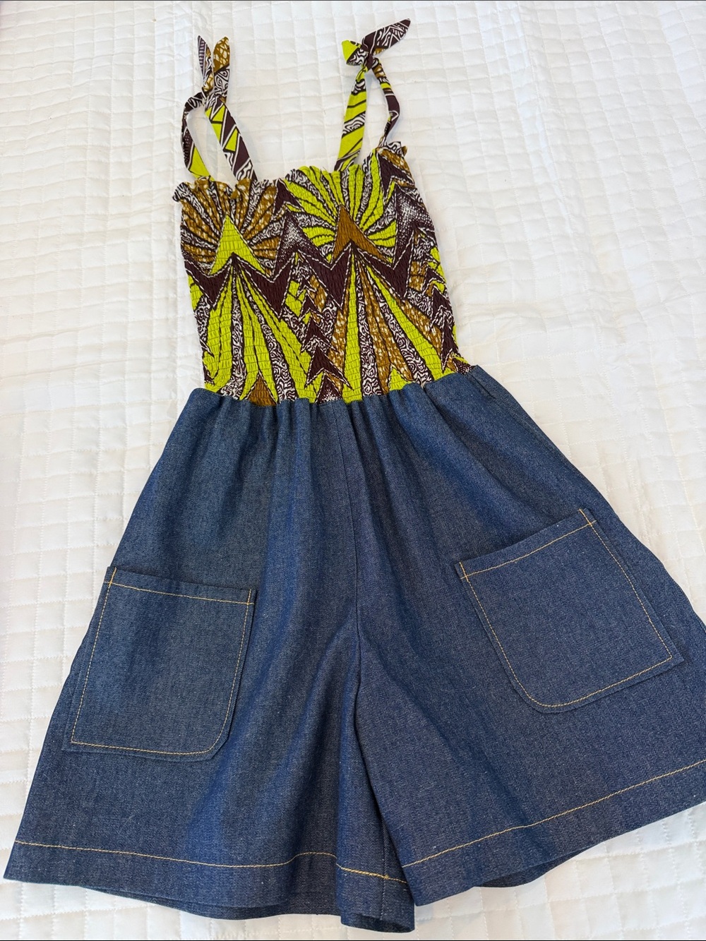 Girls Denim Romper with Green Patterned Top